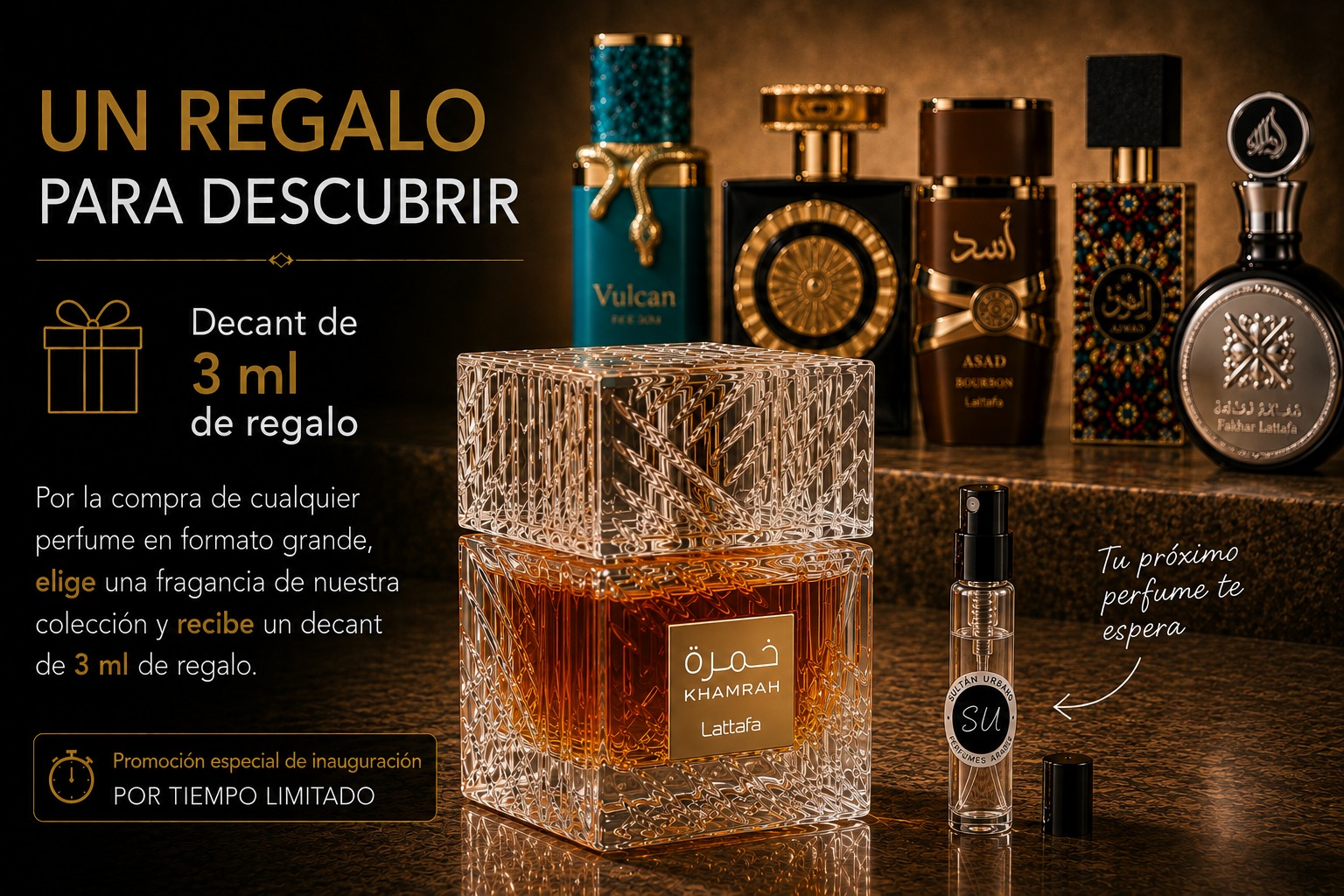 Un regalo para descubrir: decant de 3 ml de regalo. Por la compra de cualquier perfume en formato grande, elige una fragancia de nuestra colección y recibe un decant de 3 ml de regalo. Promoción especial de inauguración por tiempo limitado.